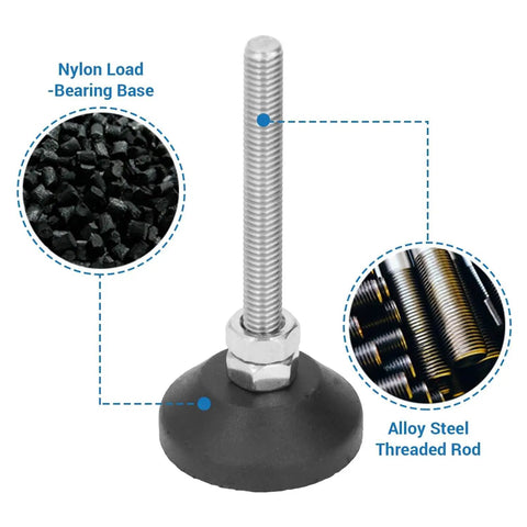 Furniture Leveling Feet 2 Pieces M6 Threaded Adjustable Levelers And Leg Extenders For Cabinets Sofas Tables And Chairs Raiser With 50mm Height Adjustment, showing alloy steel rod and nylon base