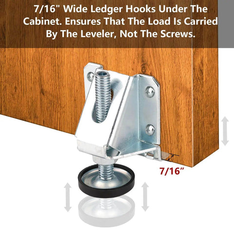 Heavy Duty 8 Pack Furniture Leveling Feet With Lock Nuts For Tables Cabinets Workbenches Shelving Units And More Adjustable 3/8-16 Thread Levelers In Plated Steel For Stable Level Surfaces installed on cabinet.
