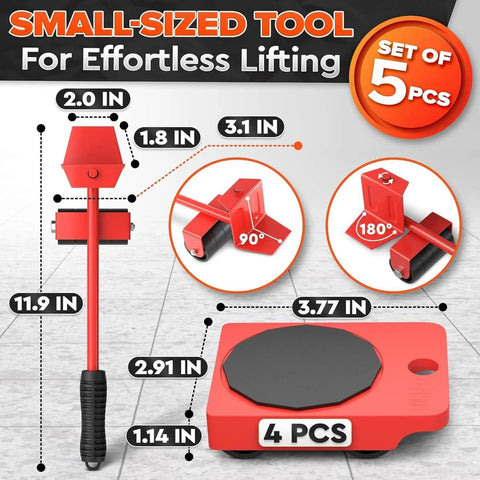 Furniture Lifter Tool & Furniture Moving Sliders Set 360° Rotating Wheels Up to 220 lbs, set of 5 pieces with measurements