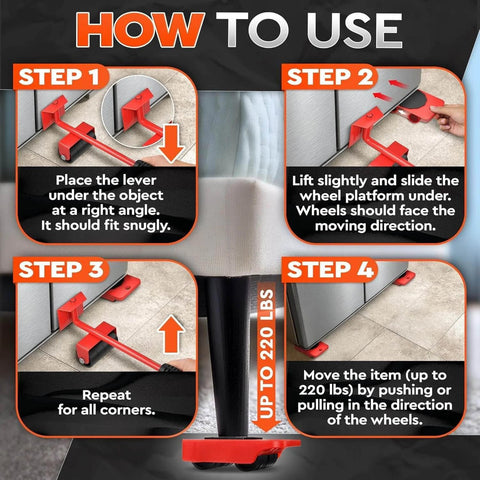 Instructions for ✝️ Furniture Lifter Tool & Furniture Moving Sliders Set 360° Rotating Wheels Up to 220 lbs, showing four steps.