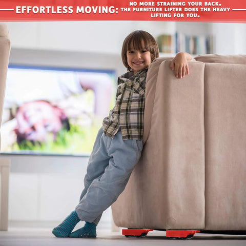 Child leaning on sofa using Furniture Lifter Tool & Furniture Moving Sliders Set 360° Rotating Wheels Up to 220 lbs for smooth glide
