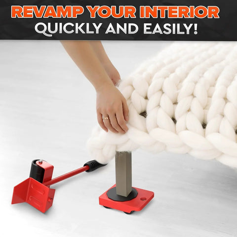 Person using Furniture Lifter Tool & Furniture Moving Sliders Set 360° Rotating Wheels Up to 220 lbs on a sofa leg on hardwood floor