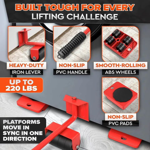 Furniture Lifter Tool & Furniture Moving Sliders Set with ABS wheels, PVC handle, and iron lever, supports up to 220 lbs