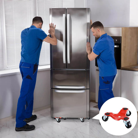 Two workers moving a refrigerator using 12 Pcs Furniture Mover Dolly 3 Wheels Dolly Steel Furniture Mover, displaying smooth motion capability.