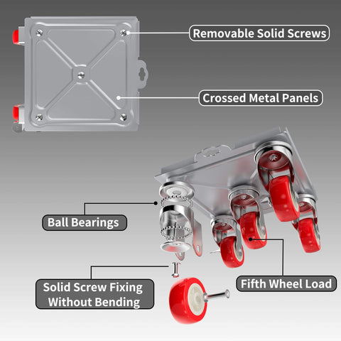 Furniture Movers Dolly Set with 5 Wheels showing removable screws and crossed metal panels with ball bearings.
