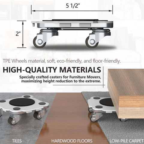 ✝️ Furniture Mover Pro Set - Enhanced Dolly with Custom TPE Wheels for Easy Furniture Lifting and Moving, shown on various floors.