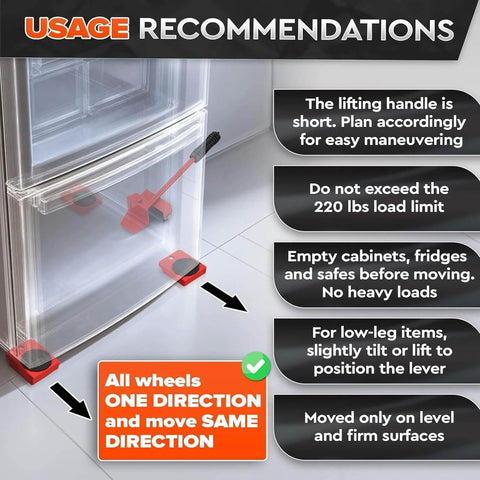 Usage recommendations for ✝️ Furniture Lifter Tool & Furniture Moving Sliders Set 360° Rotating Wheels Up to 220 lbs, Refrigerator Movers