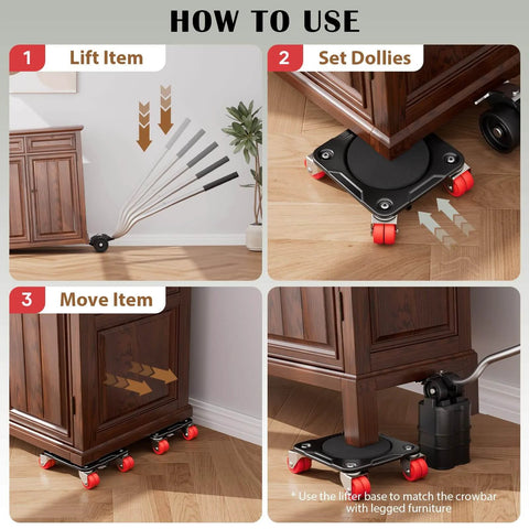 Four-step process of using the ✝️ Furniture Mover Ultra with 8 Wheels – All-New Upgraded Heavy Item Moving Tool Double-Wheeled Low-Profile Dolly to move furniture.