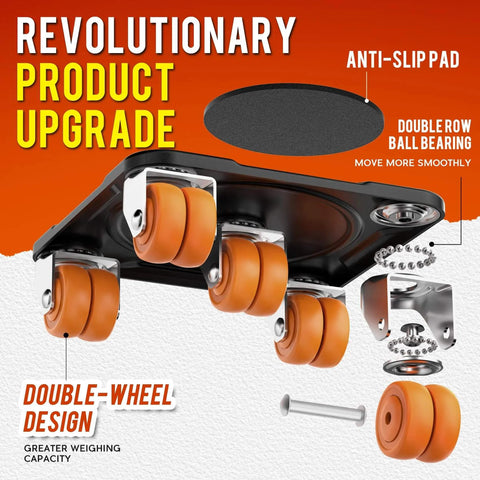 Double-wheel design of Furniture Mover Ultra Plus with 10 Wheels, anti-slip pad, and ball bearing for smoother moves