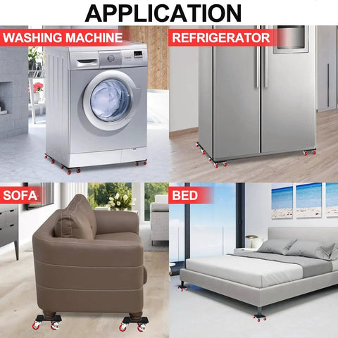 Furniture movers under washing machine, refrigerator, sofa, and bed demonstrating 4 Pack Heavy Duty Furniture Mover With Wheels Dolly Sliders Lifters Tool Set For Moving Refrigerator Sofa Cabinet Maximum Load 1600 Lbs Durable Steel Base And Wide Silent Rubber Wheels application.
