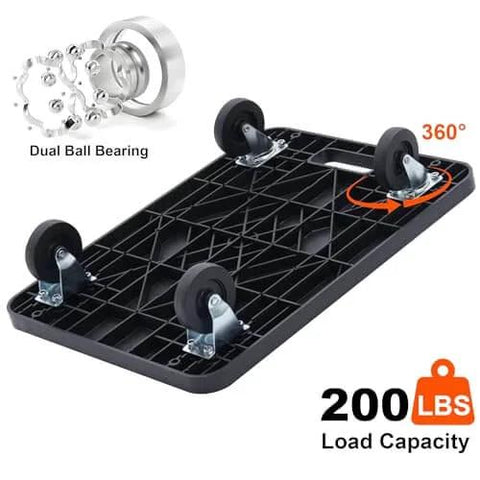 Furniture Movers Dolly With Wheels - 200 lb. Capacity showing black frame, 360° rotation, dual ball bearing wheels for smooth motion