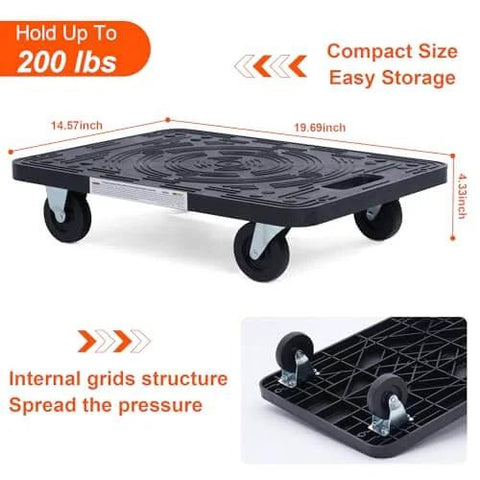 ✝️ Furniture Movers Dolly With Wheels - 200 lb. Capacity showing size dimensions and grid structure for stability and easy storage