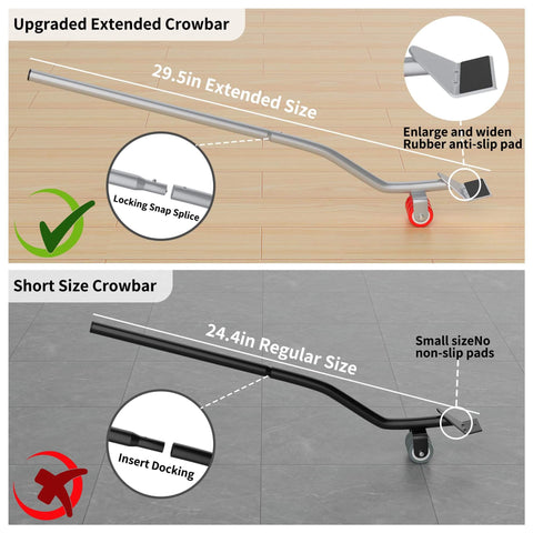 Comparison of upgraded extended crowbar with 29.5in size and short crowbar with 24.4in size from Furniture Movers Dolly Set with 5 Wheels