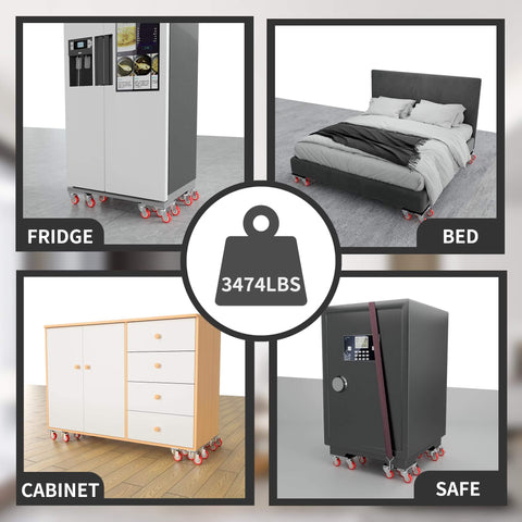 Furniture Movers Dolly Set with 5 Wheels, 3474 LBS Capacity shown moving fridge, bed, cabinet, and safe