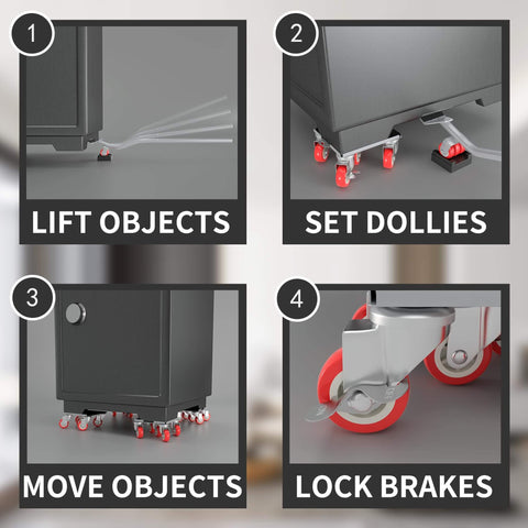 Steps to use Furniture Movers Dolly Set with 5 Wheels, Heavy Duty Carbon Steel Panels, 360° Rubber Swivel Wheels, illustration.