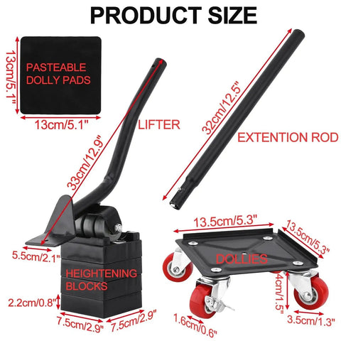 4 Pack Heavy Duty Furniture Mover With Wheels Dolly Sliders Lifters Tool Set dimensions and components view