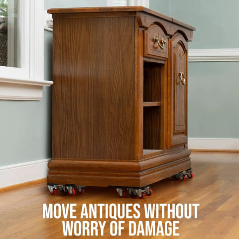 Heavy Duty Furniture Movers With Wheels Furniture Dolly Kit under wooden cabinet with red wheels on hardwood floor.