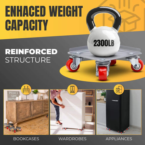 Furniture Moving Dolly Set with 5 Wheel System, Heavy Duty 2300 lb Capacity, lifting kettlebell on dolly with swivel casters and furniture examples