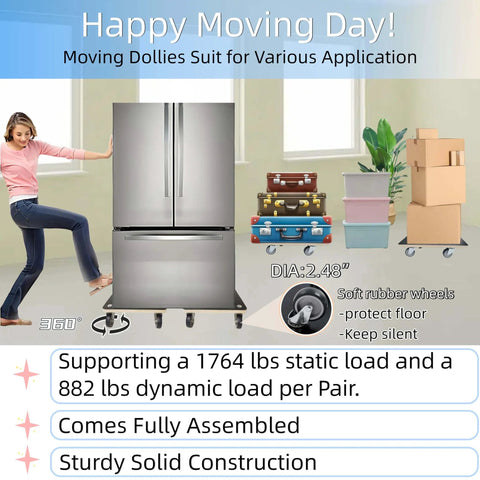 Heavy duty wood furniture moving dolly set of 2 with 17.32 x 9.06 inch phenolic resin platform, moving refrigerator and boxes