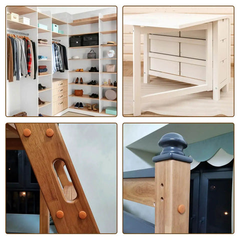 Six Millimeter White Plastic Snap In Shelf Hole Plugs Flush Caps 100 Pack For Furniture Cupboard By Uxcell installed on various wooden furniture and cabinets to hide screw holes, creating a clean finish.