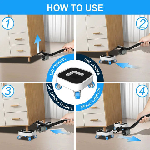 Instructions showing how to use Heavy Duty Furniture Sliders With Wheels 360 Degree Rotatable Movers Dolly for moving furniture.