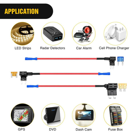 Add A Circuit Fuse Adapter Kit For 12V Cars Trucks And Boats With Dual Fuse Holders Standard And Mini TAP Blade Fuses Easy Tap Installation 10 Pack 3 Different Connector Types Blue Red Black 2 Year Warranty with application icons