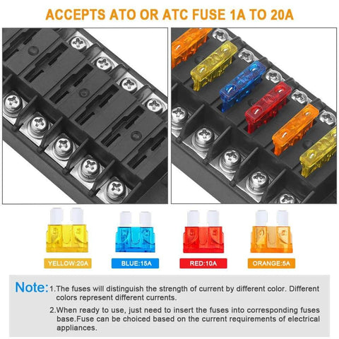 Image showing 6 Way Blade Fuse Block With Negative Bus For 12V 24V Vehicles Waterproof Cover with assorted colored fuses