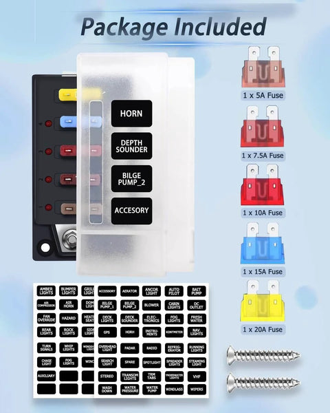 12V Four Circuit Fuse Block Kit with Waterproof Marine Fuse Panel, LED Indicators, and Assorted Fuses, Screws for Installation