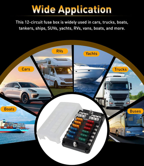 12 Way Fuse Block With LED Indicator For 12V Marine Auto Boat RV And More, Beefy Waterproof Fuse Panel With 36 Blade Fuses shown with wide applications.