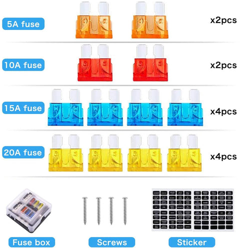 Assorted fuses alongside package contents including fuse box, screws, and labels for Six Way 12V Fuse Box With LED Indicator Waterproof ATO ATC Fuse Block For Marine Boat Car Truck 24V Compatible Beefy Electrical Panel With Quick Blow Warning Light.