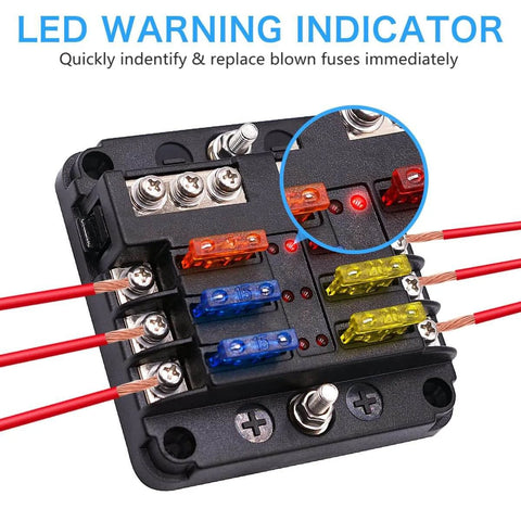 Six Way 12V Fuse Box With LED Indicator Waterproof ATO ATC Fuse Block highlighting quick blow warning light feature.