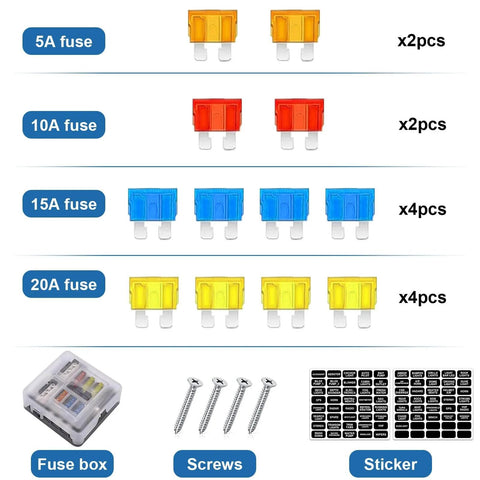 5A, 10A, 15A, and 20A fuses with 6 Way 12V Waterproof Fuse Box Holder, screws, and stickers for vehicles and boats