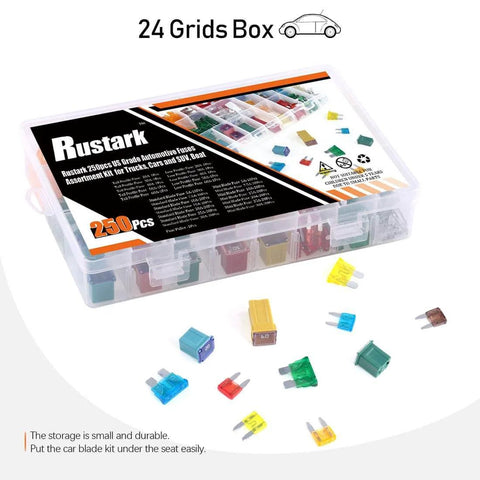 250 Piece US Grade Automotive Fuse Kit with Standard and Mini Blade Fuses, clear box with assorted fuses for cars and boats.