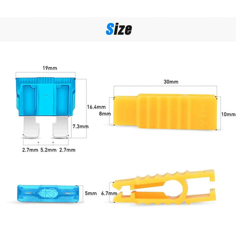 Image showing size dimensions of fuses and holders in the Assorted Standard Blade Fuses Kit For Your Ride With Inline Fuse Holders 120 Pcs Including 5A 7.5A 10A 15A 20A 25A 30A Set 14 AWG ATC ATO Inline Holders For Auto Electrical Protection And Quick DIY Repairs