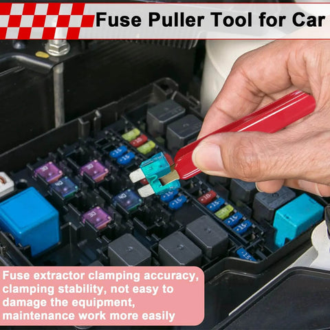 Automotive Electrical Disconnect Pliers for Relays and Fuses in use, pulling a fuse from a car fuse box, close-up view.