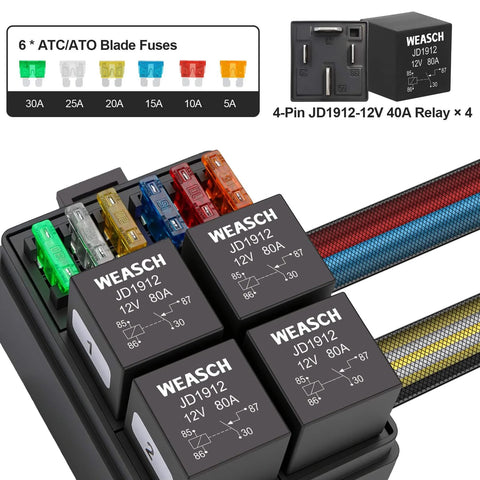 12V Prewired Fuse Relay Box Kit With Four 40A Relays And Six ATC ATO Blade Fuses for Cars Trucks Boats Jeeps Marine