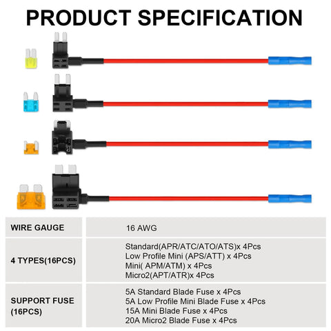 16 Pack Fuse Tap Kit For Cars Trucks Boats With Dual Slot Fuse Holder Upgraded 12V Car Add A Circuit Jumper Adapters