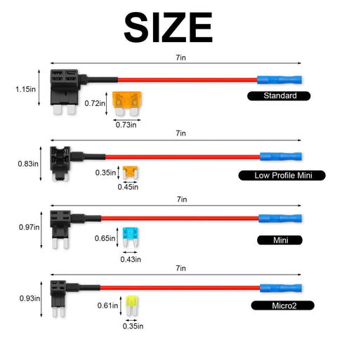 16 Pack Fuse Tap Kit For Cars Trucks Boats With Dual Slot Fuse Holder showing standard, low profile mini, mini, and Micro2 sizes.