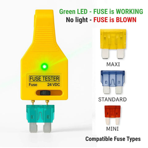 Fuse Tester For 12V And 24V Automotive Systems with LED indicator and compatible blade fuses shown next to tester.