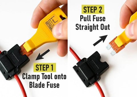 Fuse Tester For 12V And 24V Automotive Systems With Universal ATO ATC ATM And Maxi Blade Fuses LED Indicator Lights Up To Confirm A Good Fuse Lets You Check Fuses Fast On Cars Trucks And SUVs being used to remove a blade fuse in two steps.