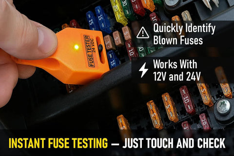 Fuse Tester For 12V And 24V Automotive Systems With Universal ATO ATC ATM And Maxi Blade Fuses LED Indicator Lights In Use