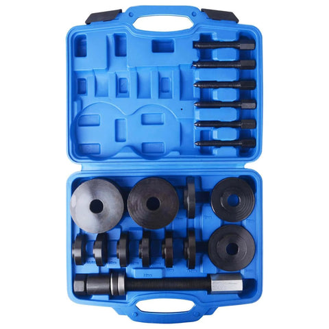 19pcs Front Wheel Drive Bearing Removal Installation Service Tool Kit in blue case, showing tools and components for FWD bearing installation.