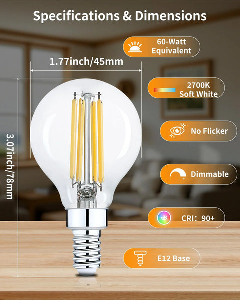 G16.5 Globe LED Candelabra Bulbs 60W Equivalent Dimmable Soft White 2700K Clear Glass 90+ CRI 120V E12 Base