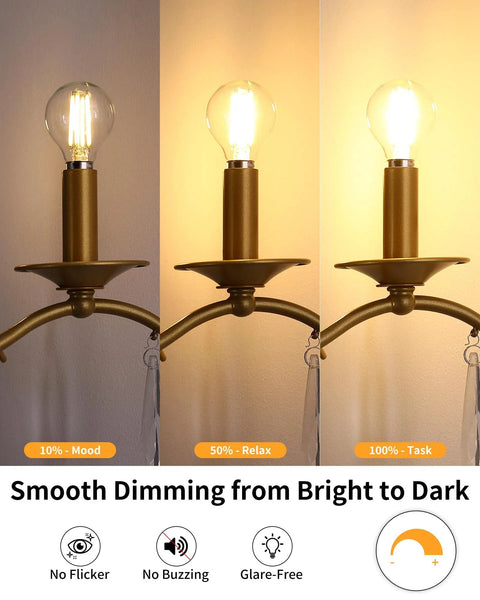 G16.5 Globe LED Candelabra Bulbs 60W Equivalent Dimmable Soft White 2700K installed in sconces demonstrating dimming levels