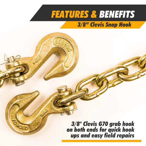 3/8'' Clevis snap hook on G70 Transport Chain 3/8'' x 10 Foot - 6,600 Pound for Load Tie-Down, Trailer, Flatbed, Farm Tow Chain