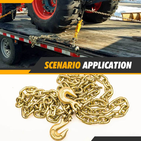 G70 Transport Chain 3/8'' x 10 Foot - 6,600 Pound, Log Chain used as tie-down on trailer with tractor, close-up view of chain with hook