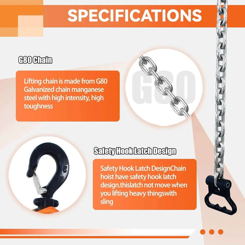 Specifications of 1650 lbs Lever Chain Hoist showing G80 chain and safety hook latch design for outdoor no power use.