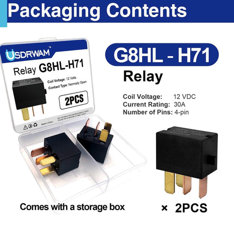 Two Pack Automotive Relay G8HL H71 12VDC set with packaging box and relay specifications