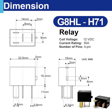 Dimension diagram of Two Pack Automotive Relay G8HL H71 12VDC Compatible with Honda Accord 2003 2014 Civic 2006 2014 Acura MDX CRV CRZ Element
