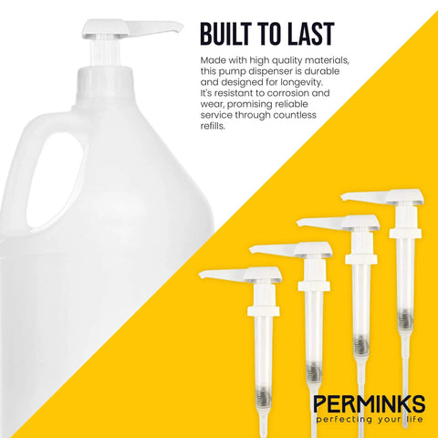 1 Gallon Pump Dispenser - Gallon Pump for Shampoo, Detergent, Lotion & Body Wash, Liquid Dispenser Pump for Condiments, Syrups & Flavorings, Pump Dispenser for Epoxy, Glue and Paints - 4 Pack displayed with one installed on a gallon bottle and three additional pumps shown.